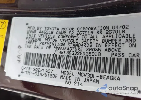 2002 Lexus Es 300 from USA, damaged, VIN JTHBF30G325028918